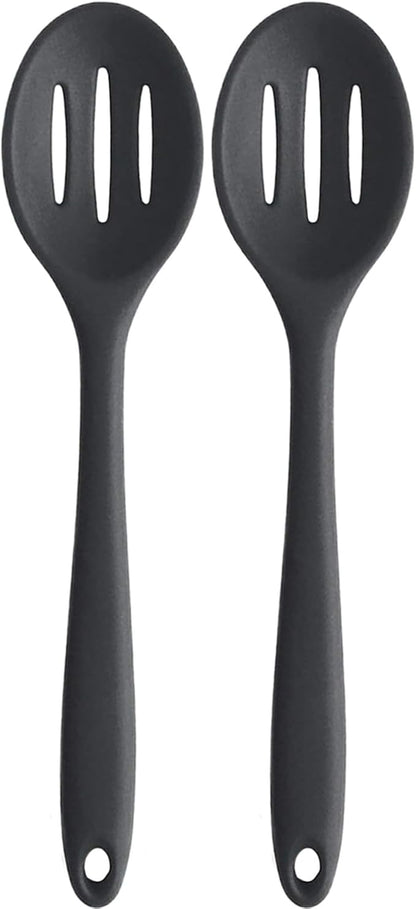 Linwnil 4 Pieces Silicone Slotted Spoons,10.6 Inch Nonstick Mixing Serving Spoons for Kitchen Cooking Bake Stir Draining Tool (2, Black)