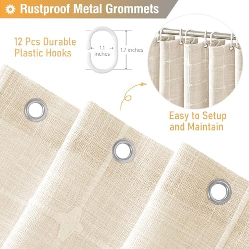 BTTN 72x90 Boho Farmhouse Linen Heavy Duty Shower Curtain Set, Cream/Beige