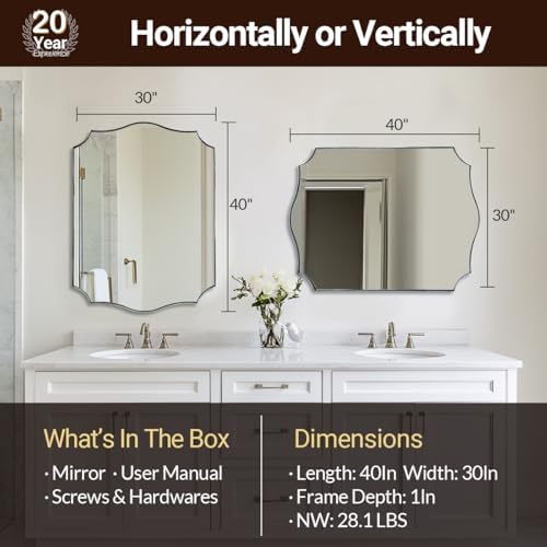 ANDY STAR Chrome Bathroom Mirror, 30x40 Inch Large Polished Chrome Mirror, Rectangle Mirror for Bathroom with Unique Wavy Design Ideal for Home Decor, Rust-Proof Stainless Steel 1” Frame