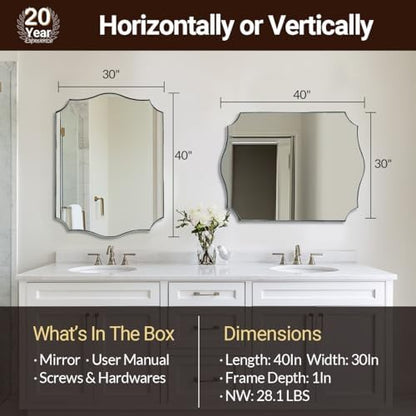 ANDY STAR Chrome Bathroom Mirror, 30x40 Inch Large Polished Chrome Mirror, Rectangle Mirror for Bathroom with Unique Wavy Design Ideal for Home Decor, Rust-Proof Stainless Steel 1” Frame