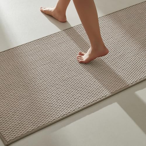 TYUU Bathroom Runner Rugs, Long Bath Mat Runner Washable Thin Quick Dry Low Pile Bathroom Runner Rugs Non Slip, Beige 24"x70"
