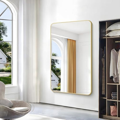 BONEWEI Gold Bathroom Mirror,60x36 inch Wall Mirror for Bathroom Wall Mounted,Round Rectangle Mirror for Bathroom Over Sink,Modern Frame for Home Decor Living Room,Bedroom Entryway,Horizontal/Vertical