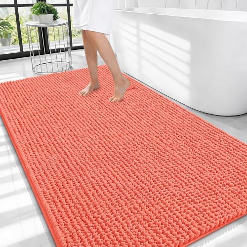 OLANLY Thick Chenille Large Bathroom Rugs 44x32, Absorbent Bath Mat, Coral