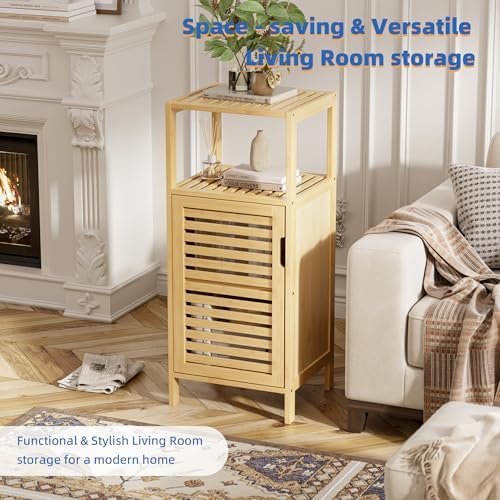 HITNET Bathroom Cabinet Freestanding, Small Bamboo Floor Cabinet, 4 Tier Single Door Sofa Side Table Storage Organizer, Space Saving Kitchen Cupboard, Natural