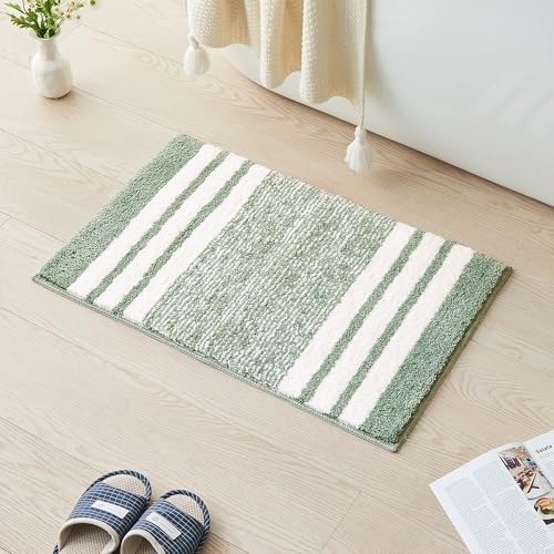 CozeCube Sage Green Striped 24"x16" Non Slip Washable Bath Mat