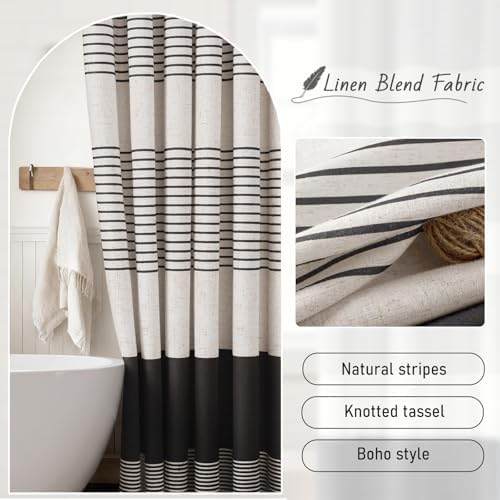 Black Boho Linen Striped Shower Curtain with Tassel 72" W X 72" L