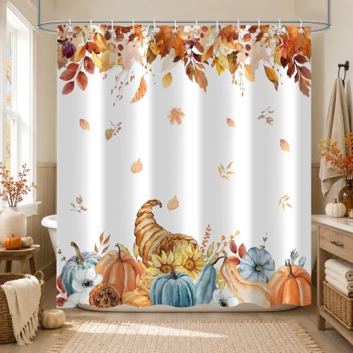 Harvest Pumpkin Shower Curtain, 72 x 78 Inch Watercolor Fall Bathroom Curtain with Autumn Leaves, Cornucopia and Blue Pumpkin Design, Farmhouse Bath Decor