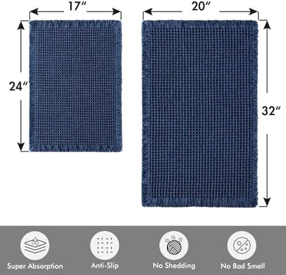 MIULEE Set of 2 Waffle Bathroom Rugs Navy Blue Bath Mat 17"x24"+20"x32"