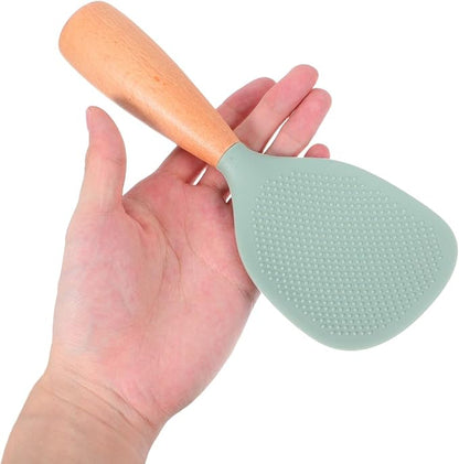MAGICLULU Standing Silicone Rice Paddle, Non-stick Rice Spoon with Wooden Handle, Easy to Clean, Heat Resistant Upright Spatula Utensil for Sushi Chef Family Kitchen Serving Cooking Accessory, Green