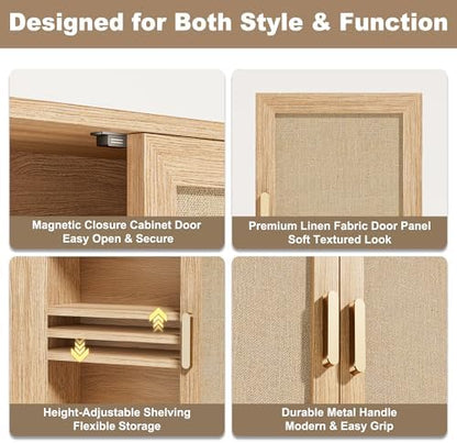 INNOD Rattan Bathroom Wall Cabinet with Open Compartments, Wall-Mounted Medicine Cabinet with Adjustable Wood Shelf & Doors, Over the Toilet Storage Cabinet for Laundry Room & Kitchen & Living Room