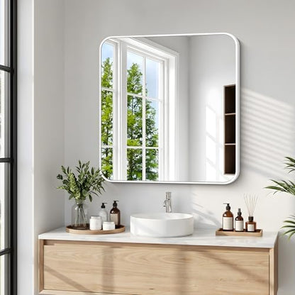 BONEWEI White Bathroom Mirror,24x24 inch Wall Mirror for Bathroom Wall Mounted,Rectangle Mirror for Bathroom Over Sink,Modern Frame Round Corner for Living Room,Bedroom Entryway,Horizontal/Vertical
