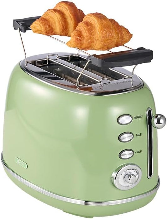 Wiltal Toaster Retro 2 Slice, Vintage Green Toaster with Lid, with Bread Attachment, Preheat, Defrost And Cancel Functions, 6 Browning Levels (Green)