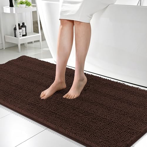 OLANLY Thick Bathroom Runner Rugs 59x24, Chenille Long Bath Rugs, Brown
