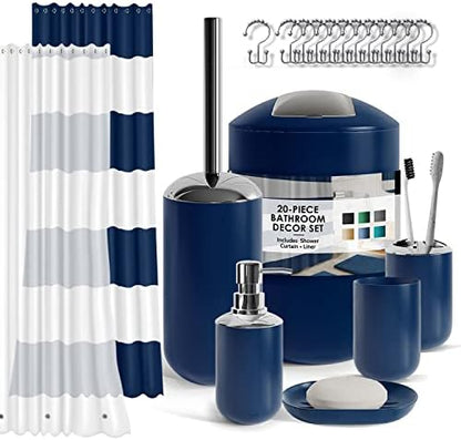 Clara Clark Bathroom Set - Navy Bathroom Accessories Set, 20PC Bathroom Accessory Set, Shower Curtain Set with Liner, Toothbrush Holder, Soap Dispenser, Soap Dish, Toilet Brush Holder, and Trash Can