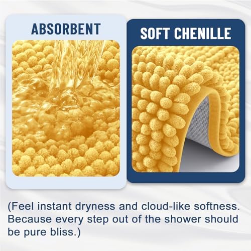 Grandaily Chenille Striped Bathroom Rugs 47x20, Extra Thick and Soft Absorbent Bath Mats, Rubber Backing, Plush Shaggy Shower Carpet, Machine Wash Dry, Bath Rug for Bathroom, Light Yellow