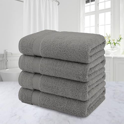 American Veteran Towel, 100% Cotton Turkish Bath Towels for Bathroom 4 Pack, 27x54 Extra Large Premium Soft Drying Bathroom Towels, Light Grey