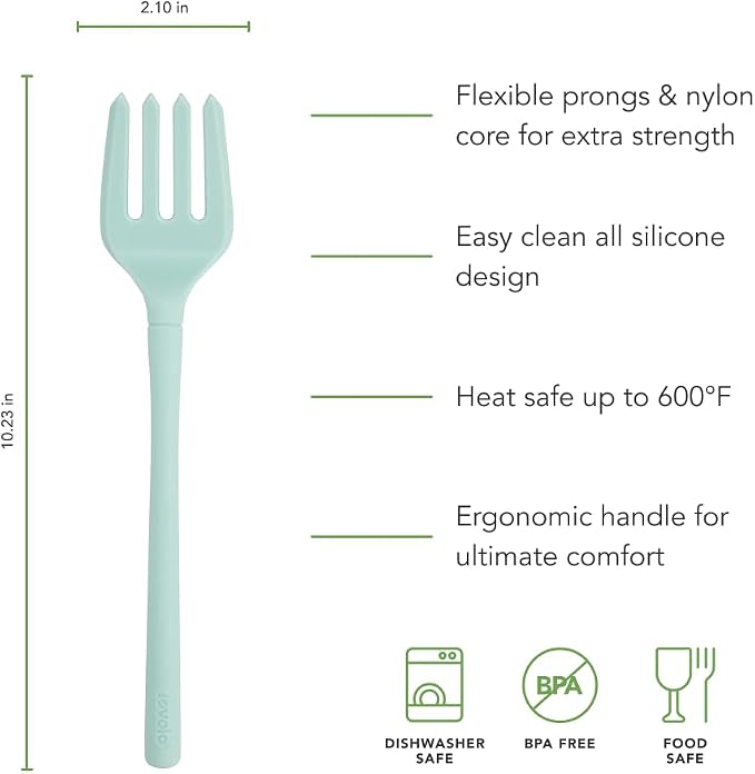 Tovolo Flex Core Silicone Fork Aqua Seafoam Green Large Cooking Fork for Spaghetti Twirling Mixing Shredding, Heat Resistant Silicone Fork Kitchen Utensil, BPA Free Spaghetti Twirling and Cooking Fork