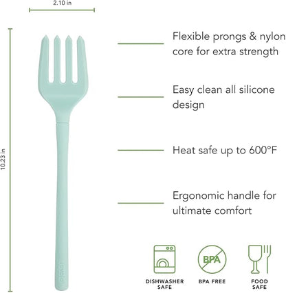Tovolo Flex Core Silicone Fork Aqua Seafoam Green Large Cooking Fork for Spaghetti Twirling Mixing Shredding, Heat Resistant Silicone Fork Kitchen Utensil, BPA Free Spaghetti Twirling and Cooking Fork
