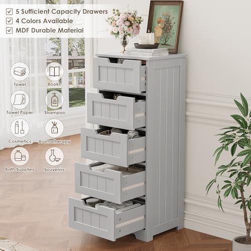 FOTOSOK Bathroom Cabinet, Bathroom Storage Cabinet with 5 Drawers, Grey
