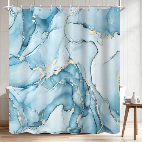 Aqua Blue Marble Shower Curtain Modern Abstract Luxury Gold Ink Texture Ombre Watercolor Bathroom Curtain Set with Hooks Soft and Lightweight Waterproof Fabric Machine Washable 72" Wx84 L