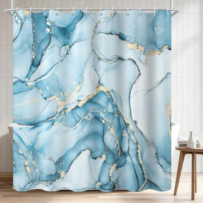 Aqua Blue Marble Shower Curtain Modern Abstract Luxury Gold Ink Texture Ombre Watercolor Bathroom Curtain Set with Hooks Soft and Lightweight Waterproof Fabric Machine Washable 48" Wx72 L