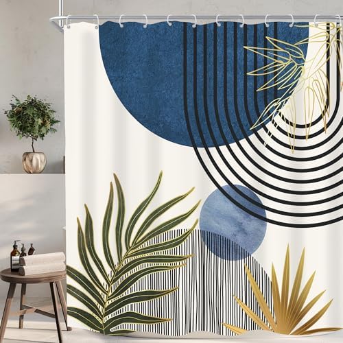 Mid Century Blue Green Boho Abstract Modern Bathroom Shower Curtain Set