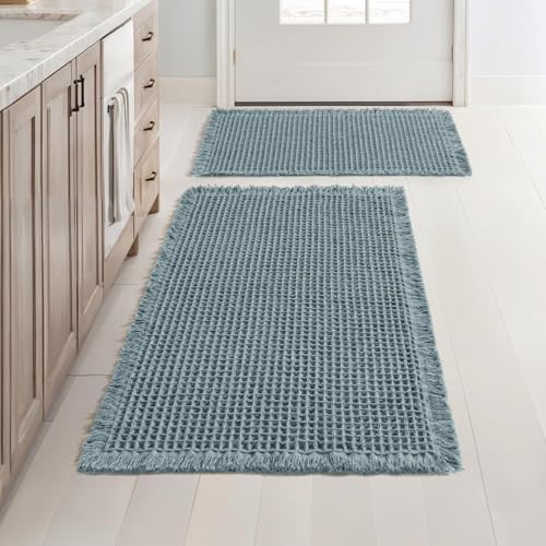MIULEE Set of 2 Waffle Bathroom Rugs Dusty Blue Bath Mat 17"x24"+18"x30"