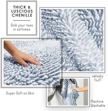 Hearth & Harbor Bathroom Rugs, Chenille Bath Mat - Machine Washable Bath Mats for Bathroom Non-Slip Backing Rubber, Quick Dry Bathroom Mat, 17 x 24 + 20 x 32 - Ombre Blue