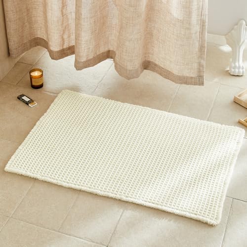 TYUU Cream White Waffle Bath Mat, Boho Bathroom Rugs Non Slip, 36x24