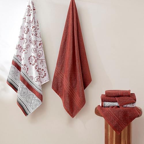 Modern Threads 6 Piece Bath Towel Set – Bathroom Set with 2 Bath Towels, 2 Hand Towels, and 2 Wash Cloths – 100% Cotton, Super Absorbent & Extra Soft – Reversible Floral Trail (Rust Orange)