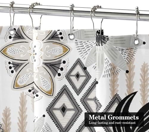 Boho Floral Shower Curtain, White Botanical Fabric Curtain, 72 x 72
