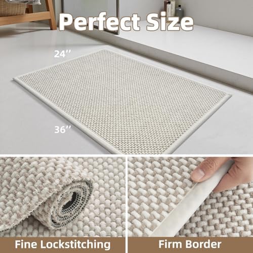 PADOOR-Bath Mat-Super Absorbent Chenille Bathroom Mats-Rubber Backed Bath Mats for Bathroom Non Slip, Easy Clean Bathroom Rugs Front of Bathtub,Shower Room,Sink-24×36, Beige&Cream