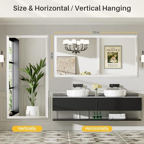 Briivue Bathroom Wall Mirror, White Metal Frame, 72x36 Inch