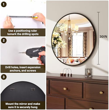 XRAMFY 30 Inch Round Mirror-Black Circle Mirrors for Bathroom, Entryway