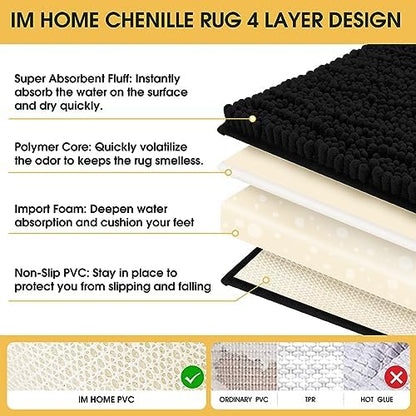 ACCUMTEK Upgrade Luxury Black Bathroom Rug Mat 48"x17", Ultra Soft Thick Absorbent Bath Mats, Non Slip Chenille Toilet Mat for Bathroom, Bedroom, Kitchen, Shower, Tub
