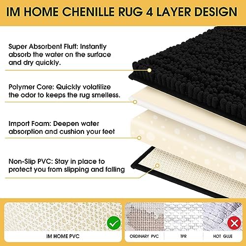 ACCUMTEK Upgrade Luxury Black Toilet Bathroom Rug Mat 24" x 20" Contour Rug, Ultra Soft Thick Absorbent Bath Mats, Non Slip Chenille Toilet Mat for Bathroom, Bedroom, Kitchen, Shower, Tub