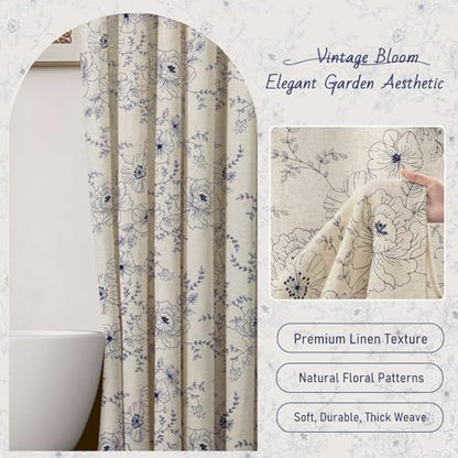 Farmhouse Floral Vintage Shower Curtain for Bathroom, Blue Embroidered
