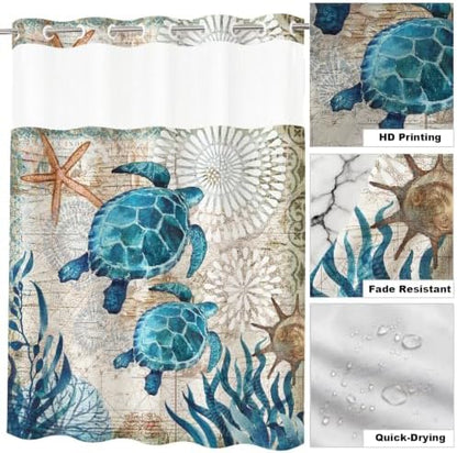 Green and Teal Sea Turtles Theme No Hook Waffle Weave Shower Curtain with Snap in Liner Nautical Beach Bathroom Blue Ocean Decor Set 60 W x 74 H Inch Teal