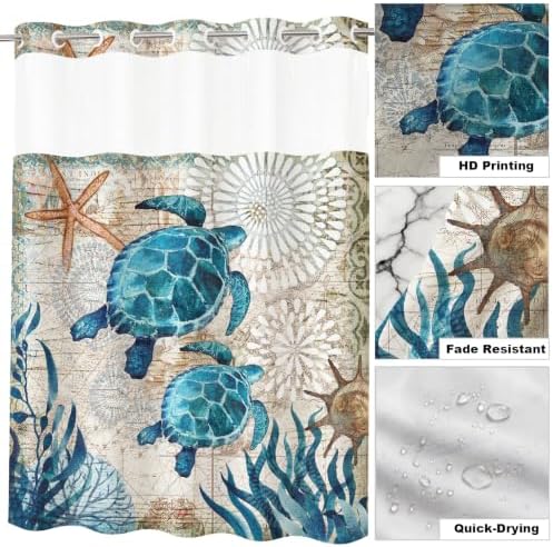 Beach Ocean Coastal Sea Turtles Theme No Hook Waffle Weave Shower Curtain with Snap in Liner Cute Tropical Nautical Bathroom Blue Ocean Decor Set 72 W x 86 H Inch Green and Teal