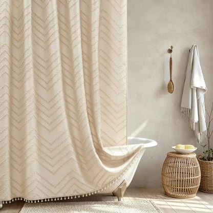 Siiluminisoy Boho Farmhouse Shower Curtain Woven Fabric Cute Beige Shower Curtain, 72 x 72 Tufted Chevron Textured Striped Modern Farmhouse Minimalist for Bathroom