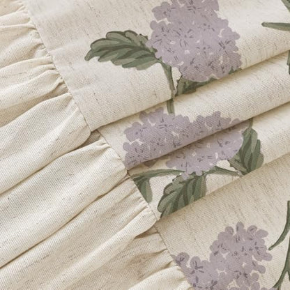 ORTIGIA Linen Textured Ruffle Shower Curtain with Metal Hooks, Vintage Purple Hydrangea Floral Boho Waterproof Bath Curtain for Rustic Farmhouse Bathroom Decor 72x72 Inch