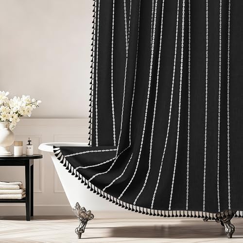 Seenus 72 x 76 inch Extra Long Boho Chic Shower Curtain Heavyweight with Tassels, Soft Linen Textured Fabric Farmhouse Shower Curtain, Elegant Black and White Striped Bathroom Curtain Water Repellent