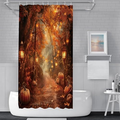Fall Pumpkins Shower Curtain，Halloween Autumn Thanksgiving Harvest Forest Rural Trail Bathroom Decor，48 x 72 Inch Polyester Fabric Waterproof Bathroom Curtain with Hooks
