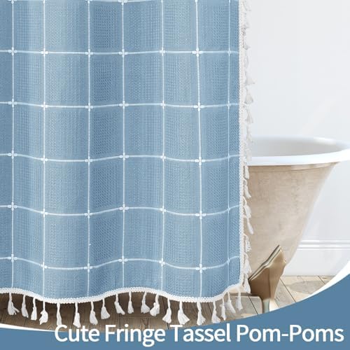 Gibelle Blue Boho Farmhouse Shower Curtain with Tassels, Rustic Cottagecore Aesthetic Bohemian Chic Modern Bathroom Decor Thick Waffle Textured Fabric Shower Curtain Set with Hooks, 72x72