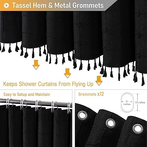 BTTN 72x78 Boho Farmhouse Linen Heavy Duty Fabric Shower Curtain Set, Black