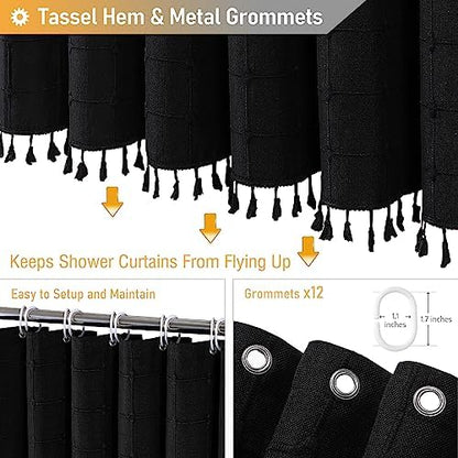 BTTN 72x78 Boho Farmhouse Linen Heavy Duty Fabric Shower Curtain Set, Black