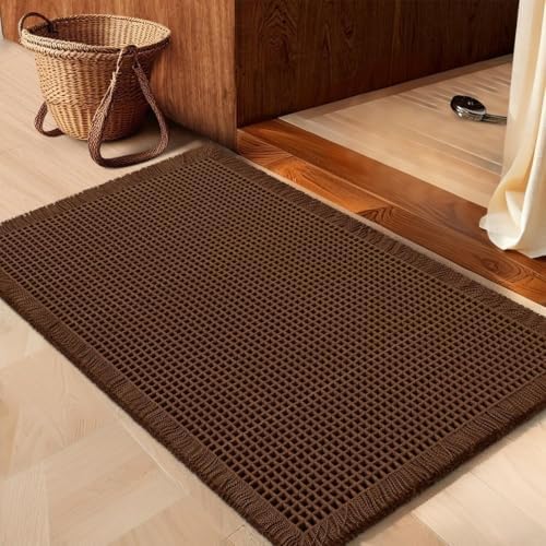 IM HOME Waffle Bath Mat Brown 36"x24", Boho Woven Modern Bath Mat Rugs, Absorbent Non Slip Bathroom Rugs, Soft Washable Bath Rugs with Tassels for Bathroom, Bedroom, Kitchen, Shower, Tub