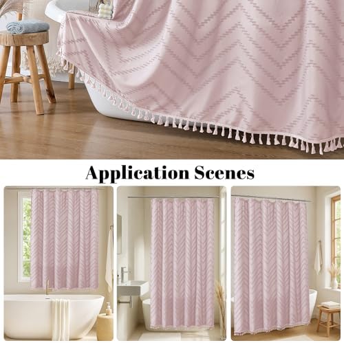OWENIE Boho Shower Curtain, Blush Pink Fabric Cloth Shower Curtains Farmhouse Tufted Chevron Striped Textured with Tassel for Bathroom, Soft Hotel Style Modern Minimalist, Machine Washable, 72x72