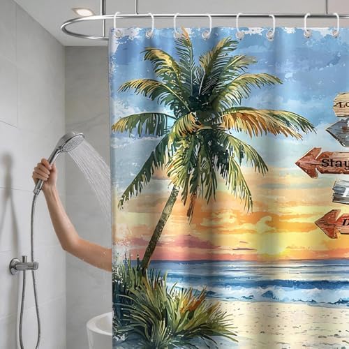Beach Ocean Luxury Shower Curtain Aesthetic Palm Tree Funky Art Scenic