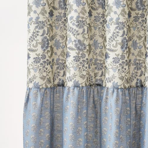Lush Decor Lillian Block Print Linen Textured Shower Curtain Single 72" W x 72" L Blue & Sage - Vintage Floral Shower Curtains - Ruffled Bath Curtain